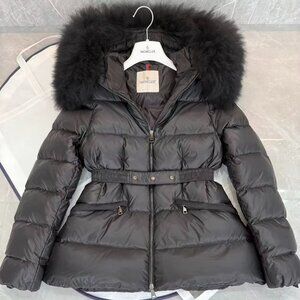 Moncler Black Down Jacket - Oversized Fur Hood, Belted Waist, Warm Winter Coat